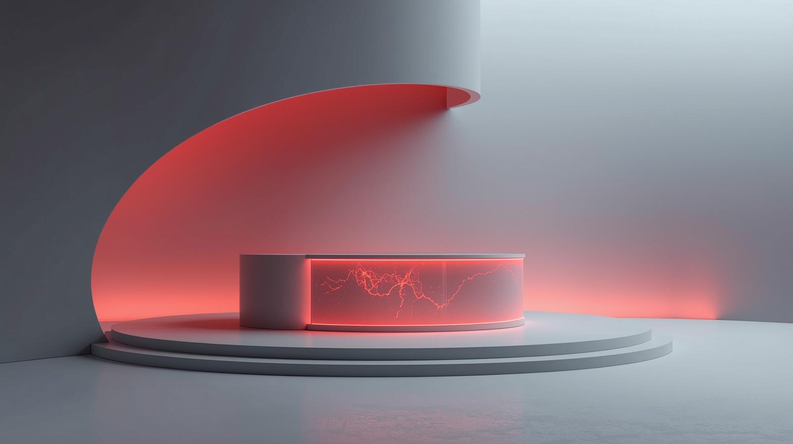 A minimalist and clean photography style showcasing a futuristic DJ booth with smooth, curved lines and prominently visible holographic displays, presented in a simple composition with ample negati